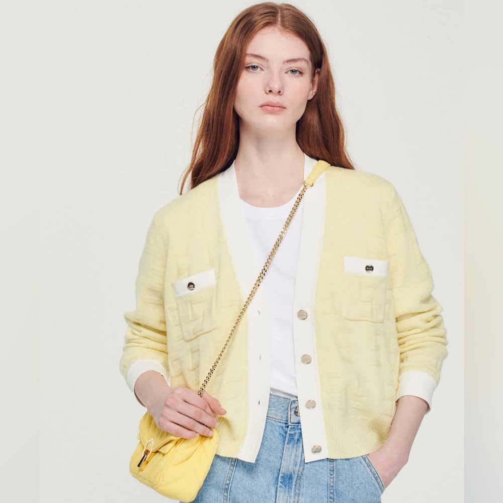 Sandro two-tone cardigan in Light Yellow - Picture 2 of 8